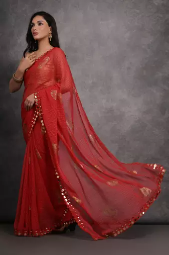 Women's Red Chiffon Mirror Work Designer Saree with Blouse