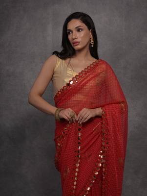 Women's Red Chiffon Mirror Work Designer Saree with Blouse 3