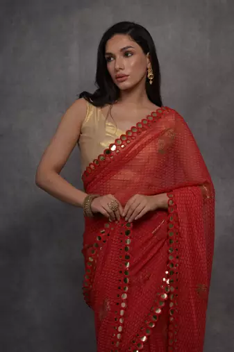 Women's Red Chiffon Mirror Work Designer Saree with Blouse
