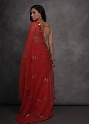 Women's Red Chiffon Mirror Work Designer Saree with Blouse 4