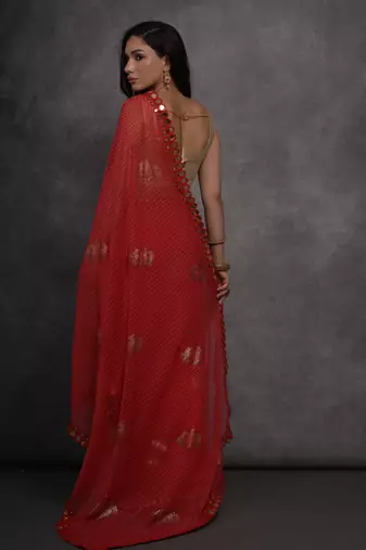 Women's Red Chiffon Mirror Work Designer Saree with Blouse