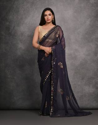 Women's Navy Blue Chiffon Mirror Work Designer Saree with Blouse 1