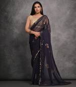 Women's Navy Blue Chiffon Mirror Work Designer Saree with Blouse