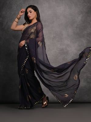 Women's Navy Blue Chiffon Mirror Work Designer Saree with Blouse 2