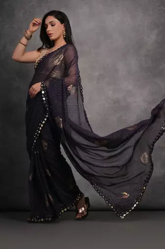 Women's Navy Blue Chiffon Mirror Work Designer Saree with Blouse
