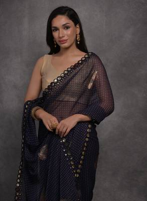 Women's Navy Blue Chiffon Mirror Work Designer Saree with Blouse 3