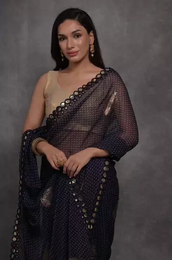 Women's Navy Blue Chiffon Mirror Work Designer Saree with Blouse