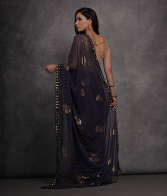 Women's Navy Blue Chiffon Mirror Work Designer Saree with Blouse 4