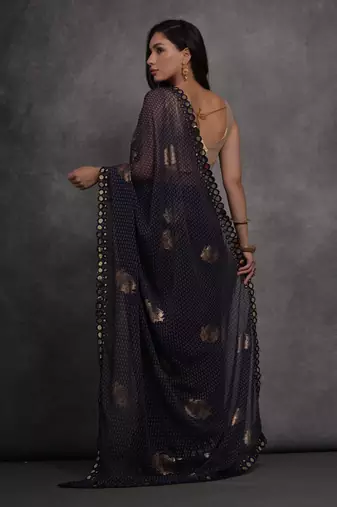 Women's Navy Blue Chiffon Mirror Work Designer Saree with Blouse