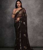 Women's Black Chiffon Mirror Work Designer Saree with Blouse