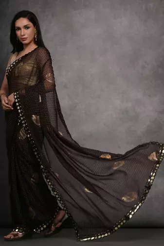 Women's Black Chiffon Mirror Work Designer Saree with Blouse
