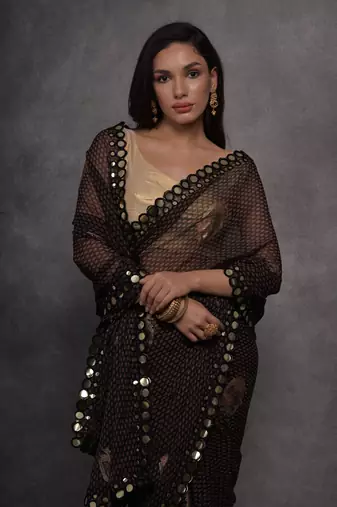 Women's Black Chiffon Mirror Work Designer Saree with Blouse