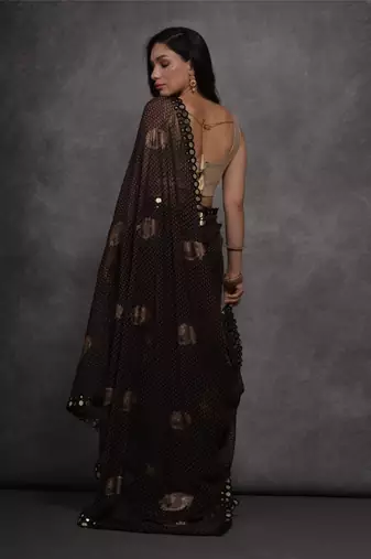 Women's Black Chiffon Mirror Work Designer Saree with Blouse