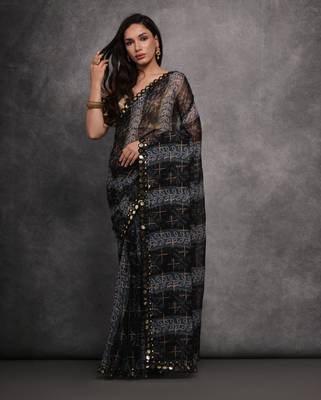 Women's Grey Chiffon Mirror Work Designer Saree with Blouse 1