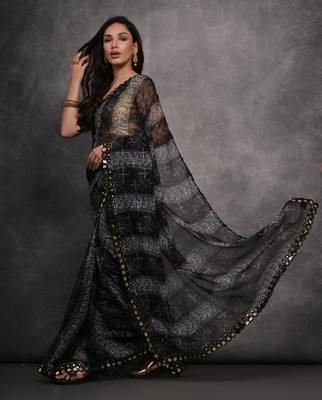 Women's Grey Chiffon Mirror Work Designer Saree with Blouse 2