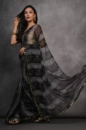 Women's Grey Chiffon Mirror Work Designer Saree with Blouse