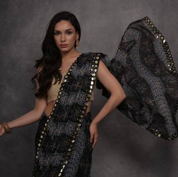 Women's Grey Chiffon Mirror Work Designer Saree with Blouse 3