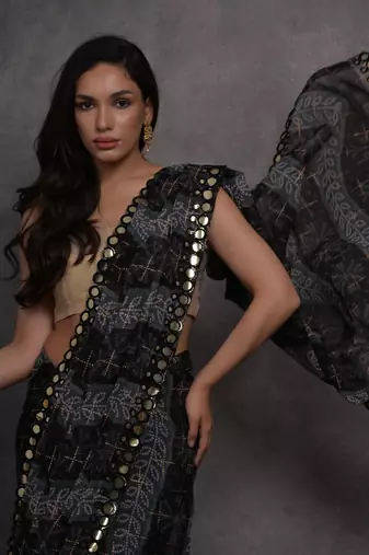 Women's Grey Chiffon Mirror Work Designer Saree with Blouse