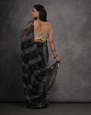 Women's Grey Chiffon Mirror Work Designer Saree with Blouse 4