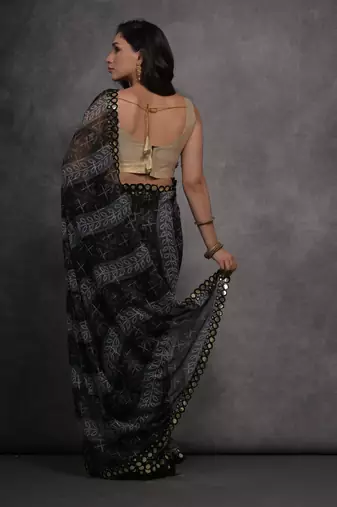 Women's Grey Chiffon Mirror Work Designer Saree with Blouse
