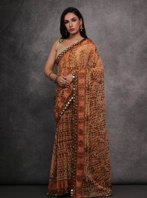 Women's Brown Chiffon Mirror Work Designer Saree with Blouse 1