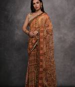 Women's Brown Chiffon Mirror Work Designer Saree with Blouse