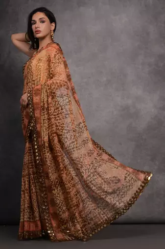 Women's Brown Chiffon Mirror Work Designer Saree with Blouse
