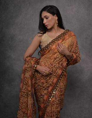 Women's Brown Chiffon Mirror Work Designer Saree with Blouse 3