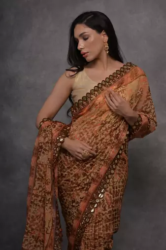 Women's Brown Chiffon Mirror Work Designer Saree with Blouse