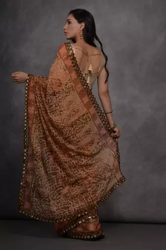 Women's Brown Chiffon Mirror Work Designer Saree with Blouse