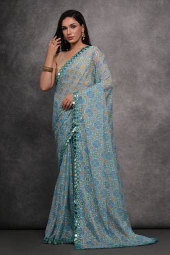 Women's Sky Blue Chiffon Mirror Work Designer Saree with Blouse