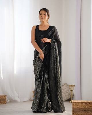 Women's Black Georgette Sequins Designer Saree with Blouse 1