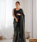 Women's Black Georgette Sequins Designer Saree with Blouse