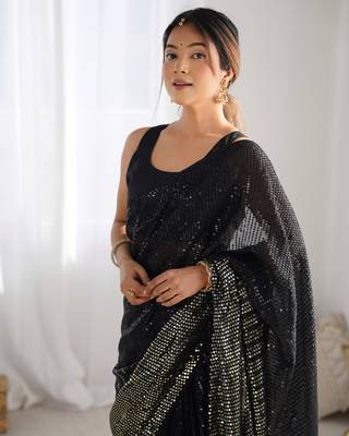 Women's Black Georgette Sequins Designer Saree with Blouse 3
