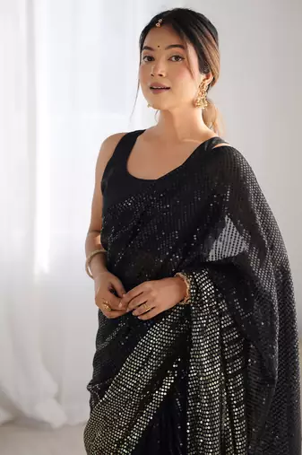 Women's Black Georgette Sequins Designer Saree with Blouse