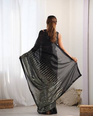 Women's Black Georgette Sequins Designer Saree with Blouse 4