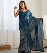 Women's Teal Georgette Sequins Designer Saree with Blouse