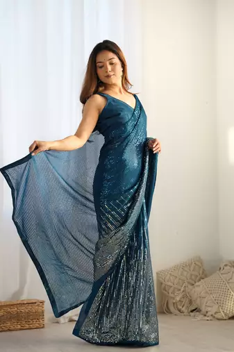 Women's Teal Georgette Sequins Designer Saree with Blouse