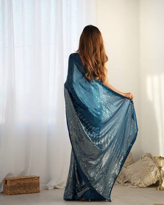 Women's Teal Georgette Sequins Designer Saree with Blouse 4