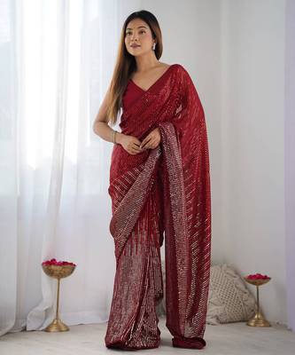 Women's Maroon Georgette Sequins Designer Saree with Blouse 1