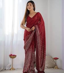 Women's Maroon Georgette Sequins Designer Saree with Blouse