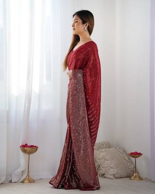 Women's Maroon Georgette Sequins Designer Saree with Blouse 2