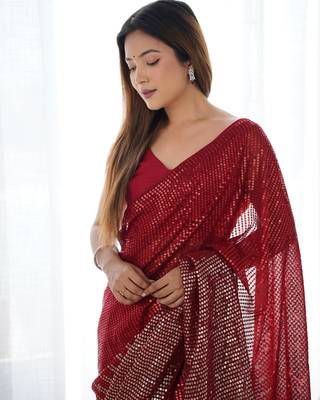 Women's Maroon Georgette Sequins Designer Saree with Blouse 3