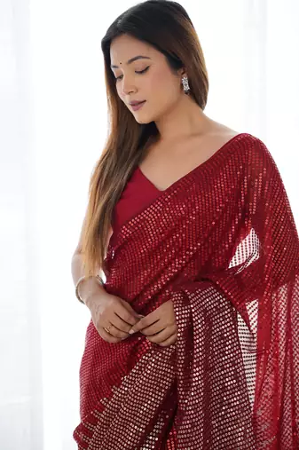 Women's Maroon Georgette Sequins Designer Saree with Blouse