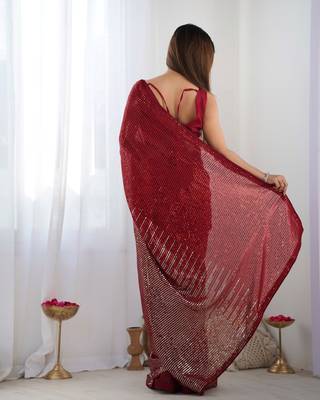 Women's Maroon Georgette Sequins Designer Saree with Blouse 4