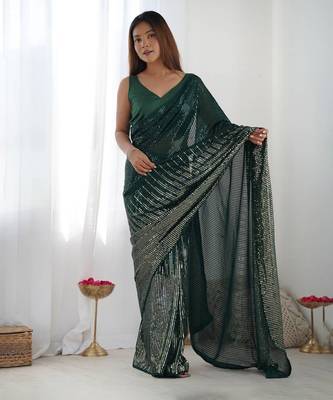 Women's Bottle Green Georgette Sequins Designer Saree with Blouse 1