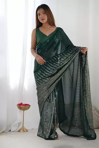 Women's Bottle Green Georgette Sequins Designer Saree with Blouse