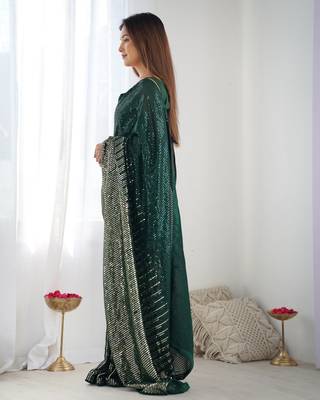 Women's Bottle Green Georgette Sequins Designer Saree with Blouse 2