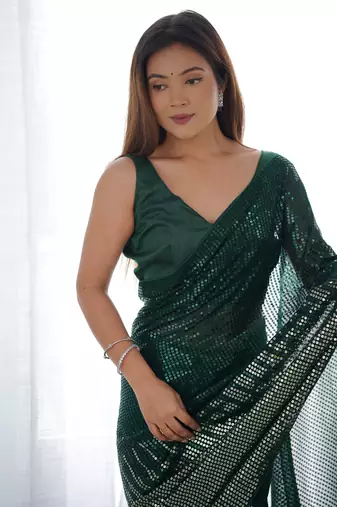 Women's Bottle Green Georgette Sequins Designer Saree with Blouse