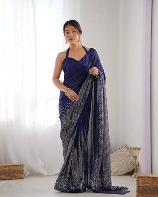 Women's Navy Blue Georgette Sequins Designer Saree with Blouse 1